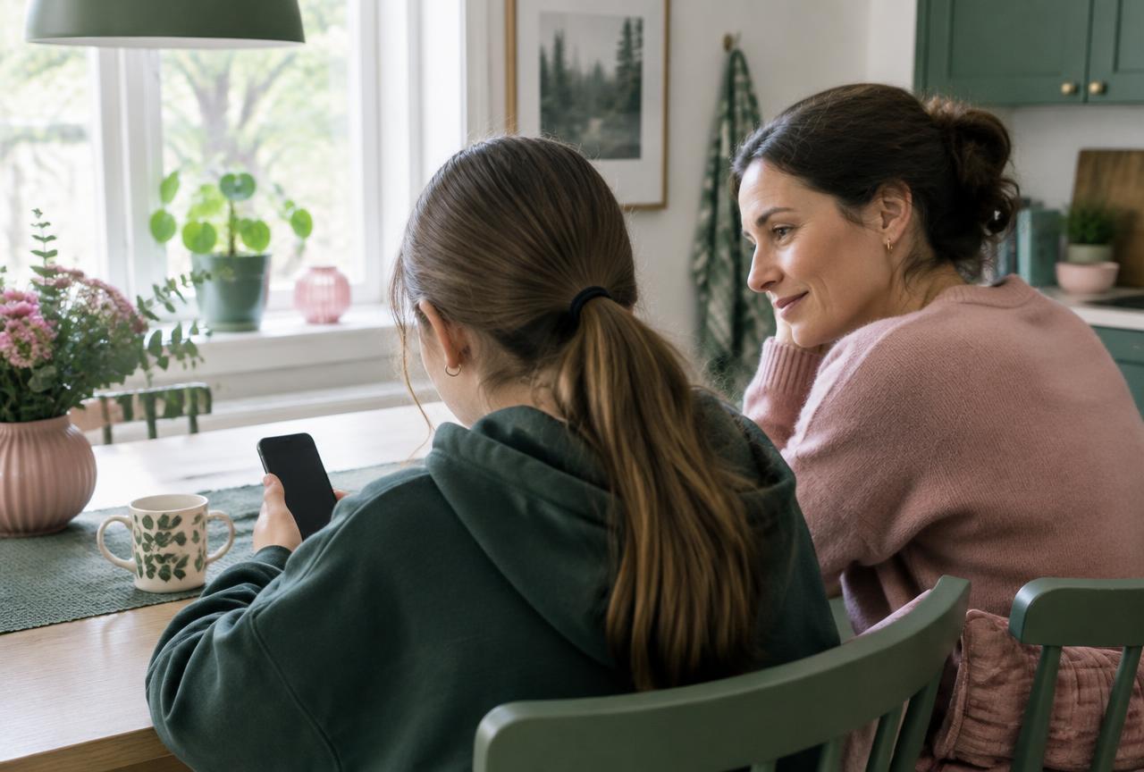 En ung person och en vuxen samtalar vid ett köksbord