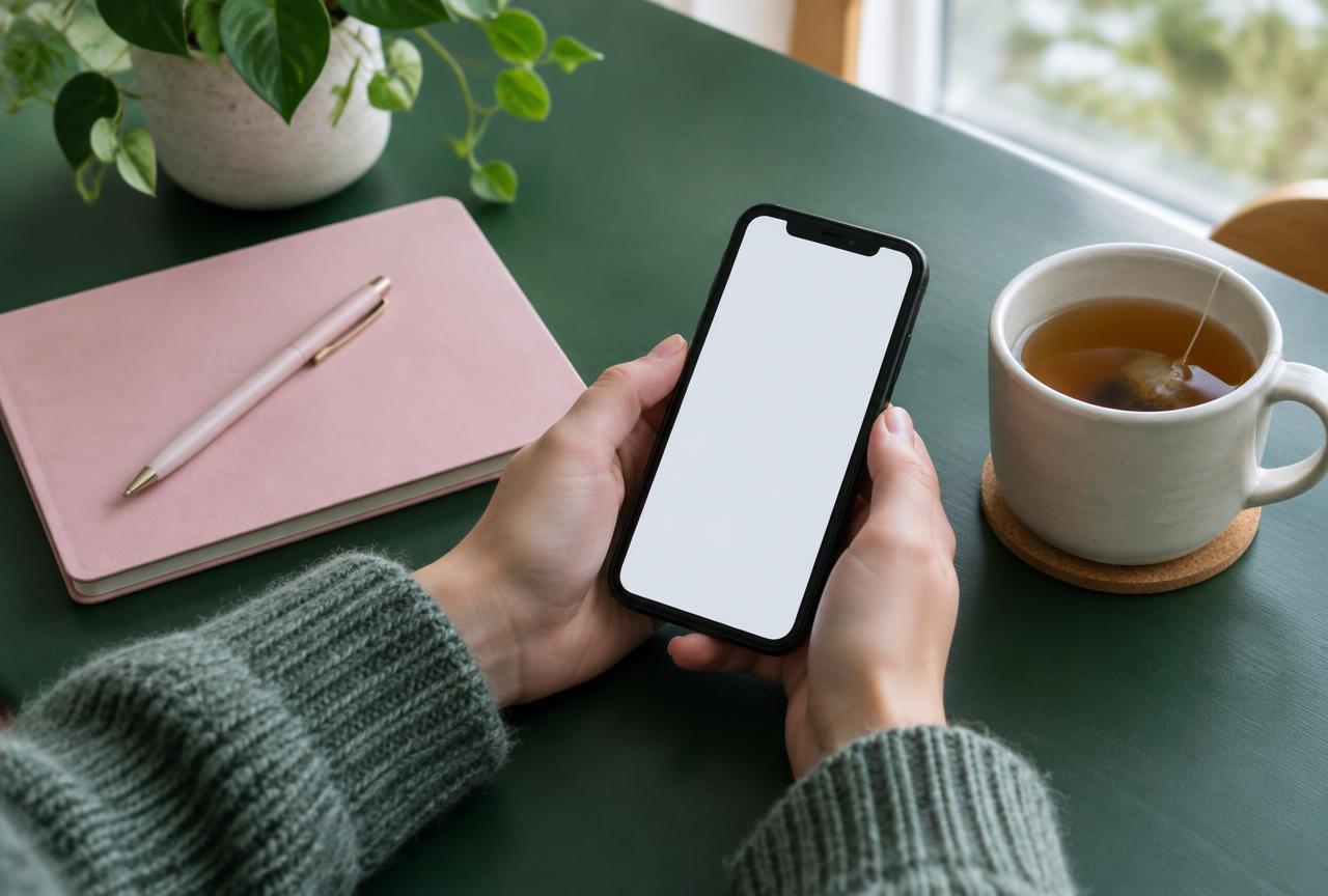 Händer håller en mobiltelefon bredvid en anteckningsbok