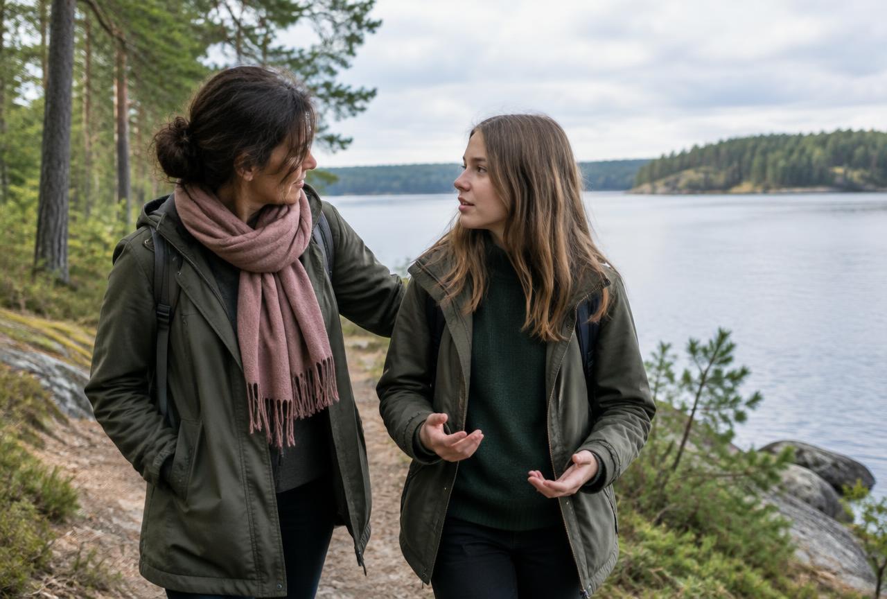 En vuxen och en tonåring samtalar under en promenad