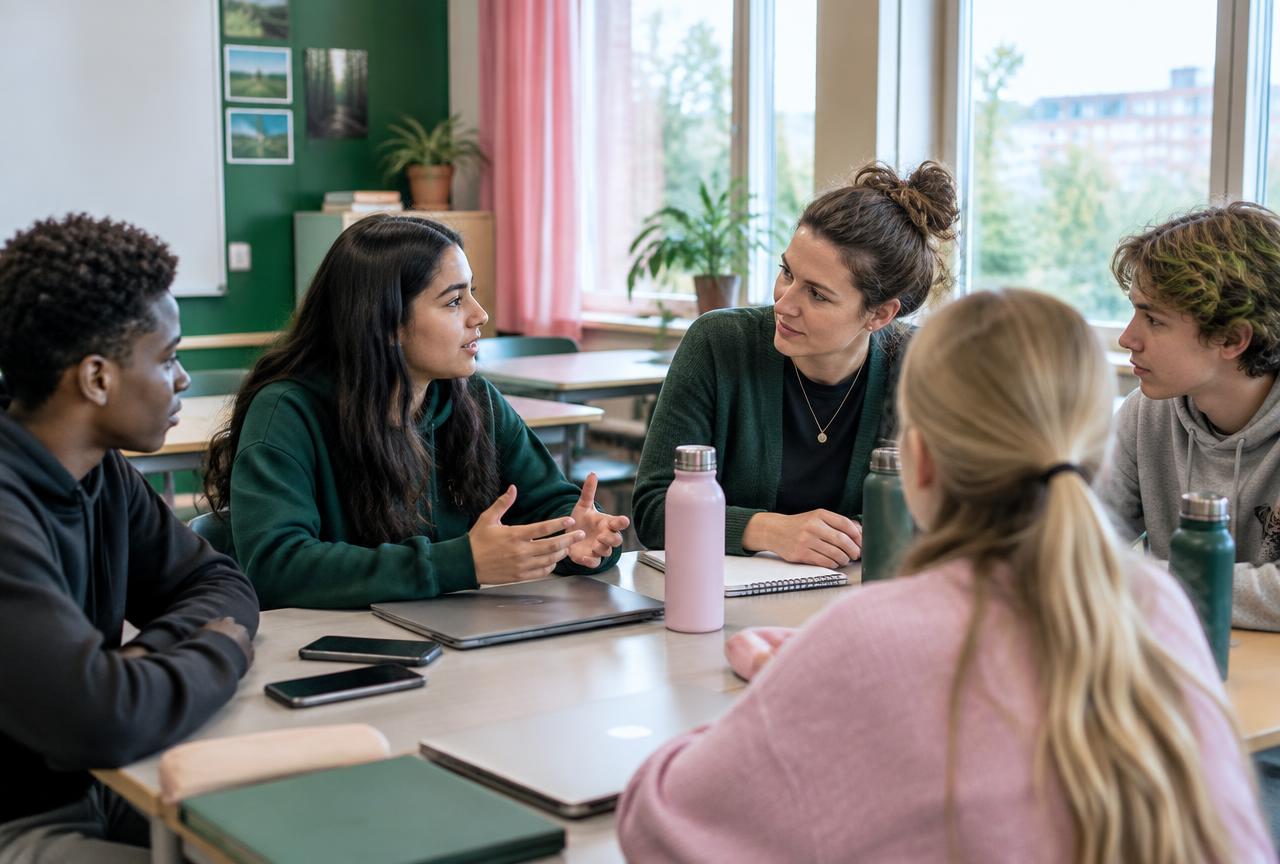 Elever och en lärare samtalar tillsammans i ett klassrum